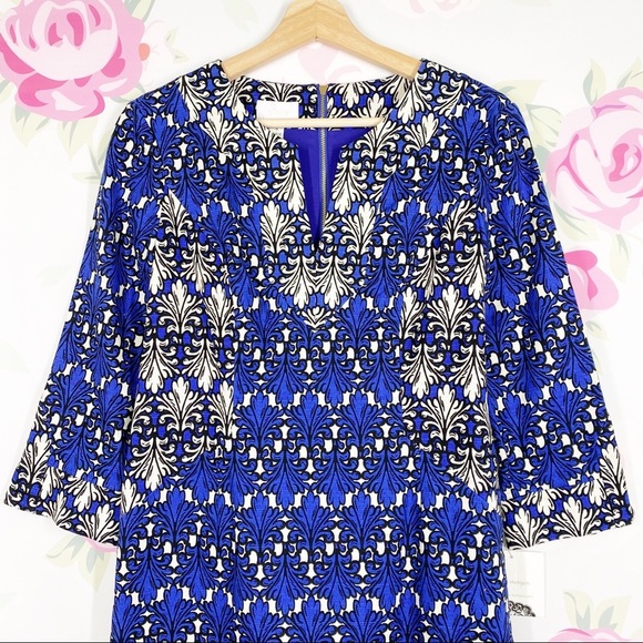 NEW Donna Morgan Cobalt Blue Ivory Multi Print Sheath Dress 4 - Picture 2 of 13